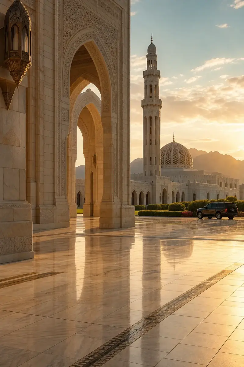 Sultan Qaboos Grand Mosque in Muscat at sunset